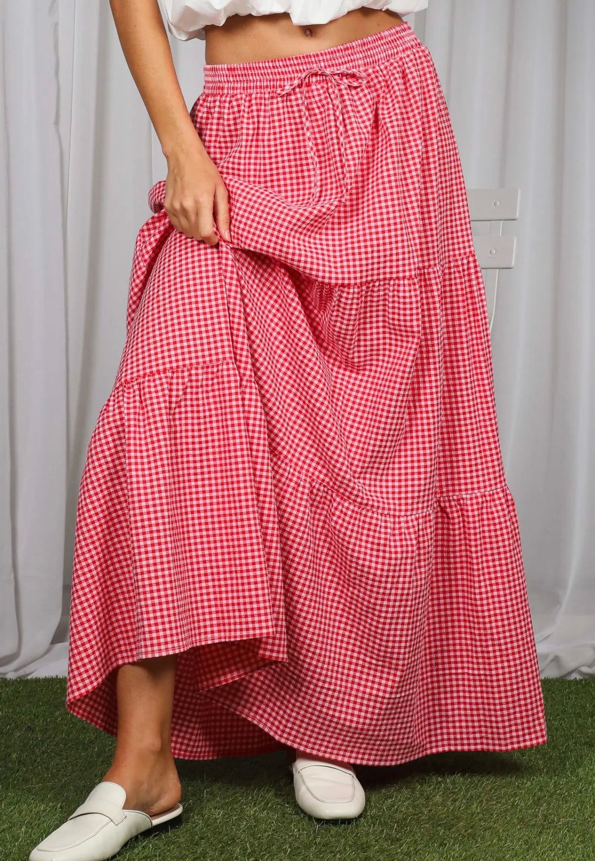 Red gingham maxi skirt