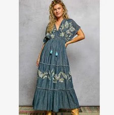 POL denim embroidery maxi dress