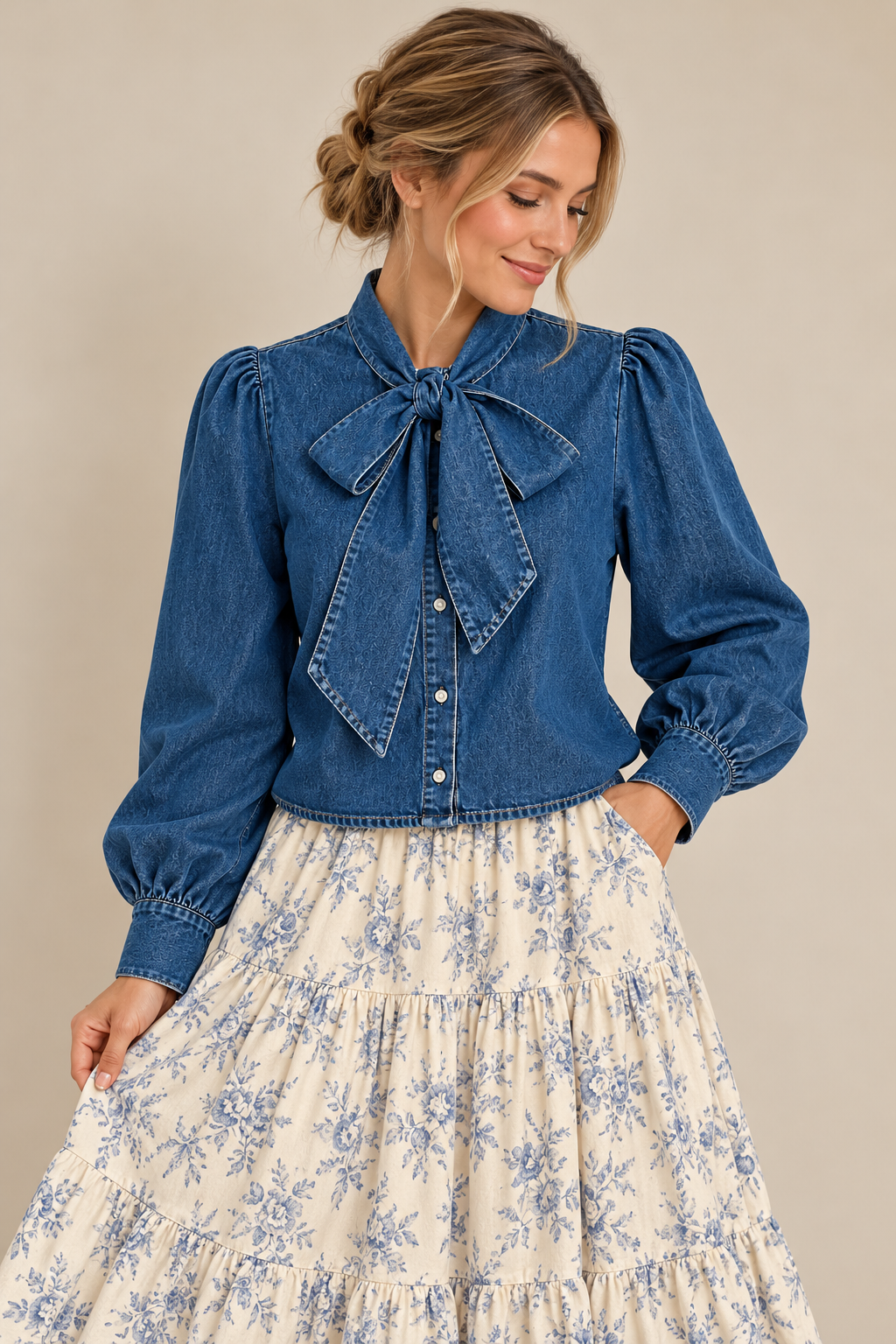 Denim bow tie top