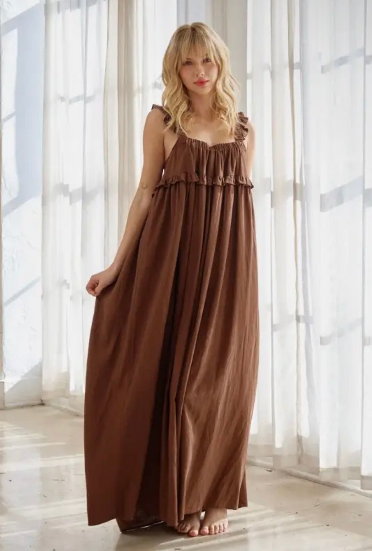 Chocolate brown woven linen maxi dress