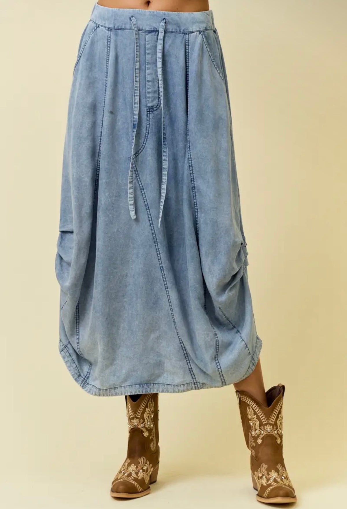 Denim side tuck skirt