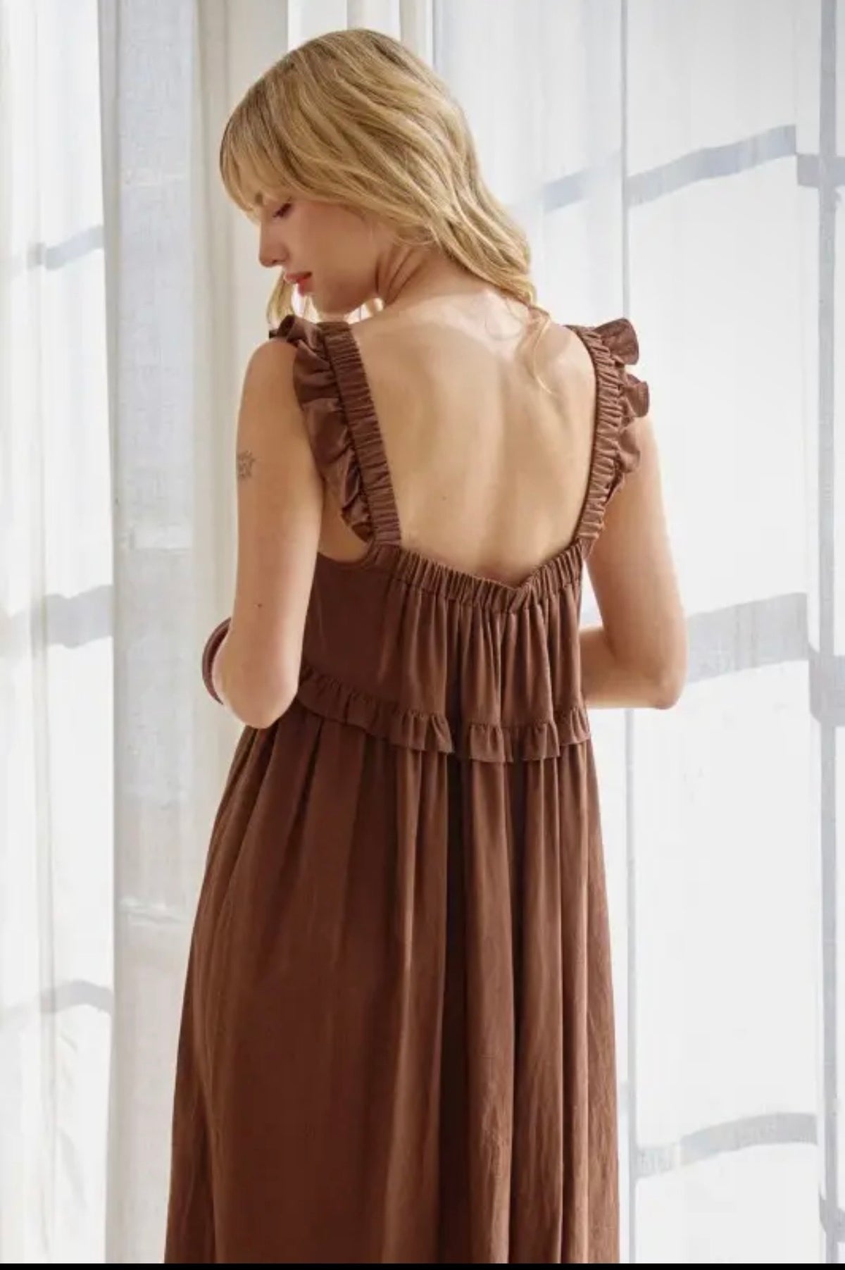 Chocolate brown woven linen maxi dress