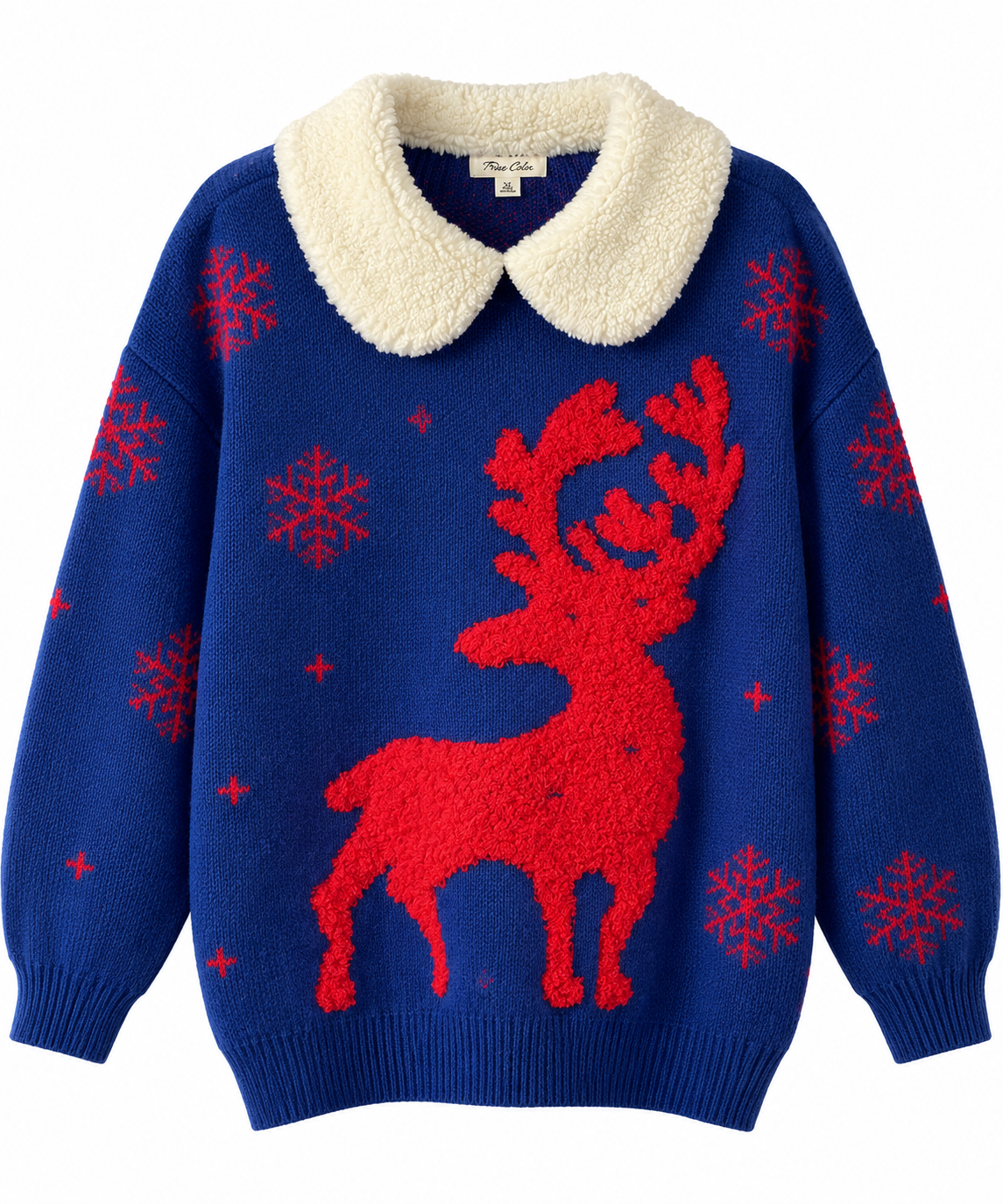 Blue red deer image collar sweater