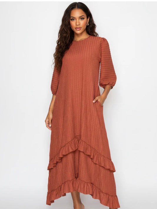 Rust texture ruffled dress